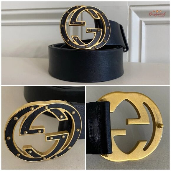 Authentic Gucci Black Leather Gold Studded Interlocking G Buckle Belt Size 80/32 - Picture 2 of 13